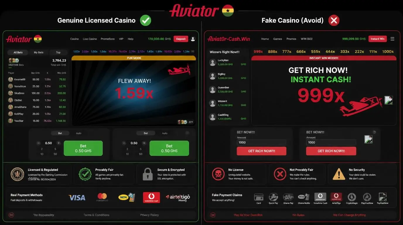 Side-by-side of real vs fake Aviator interface with Ghanaian payment symbols